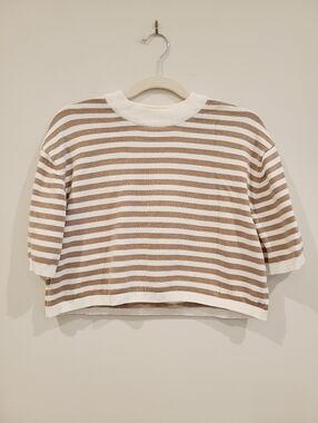 Miou Muse Brown Striped Knit Cropped Sweater Tee